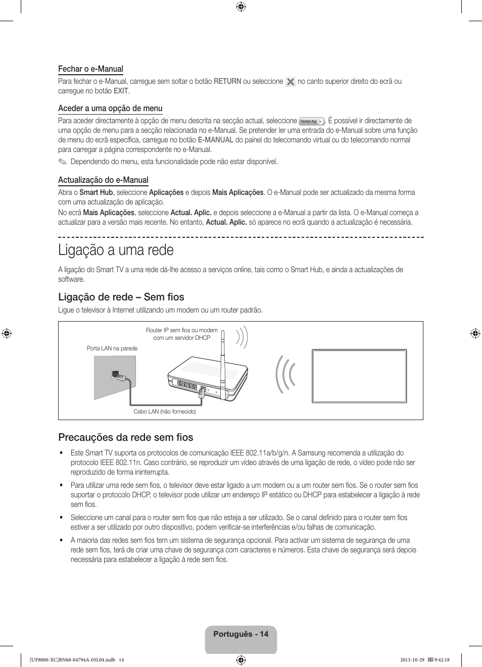 Ligação a uma rede, Ligação de rede – sem fios, Precauções da rede sem fios | Samsung UE55F8000SL User Manual | Page 86 / 97