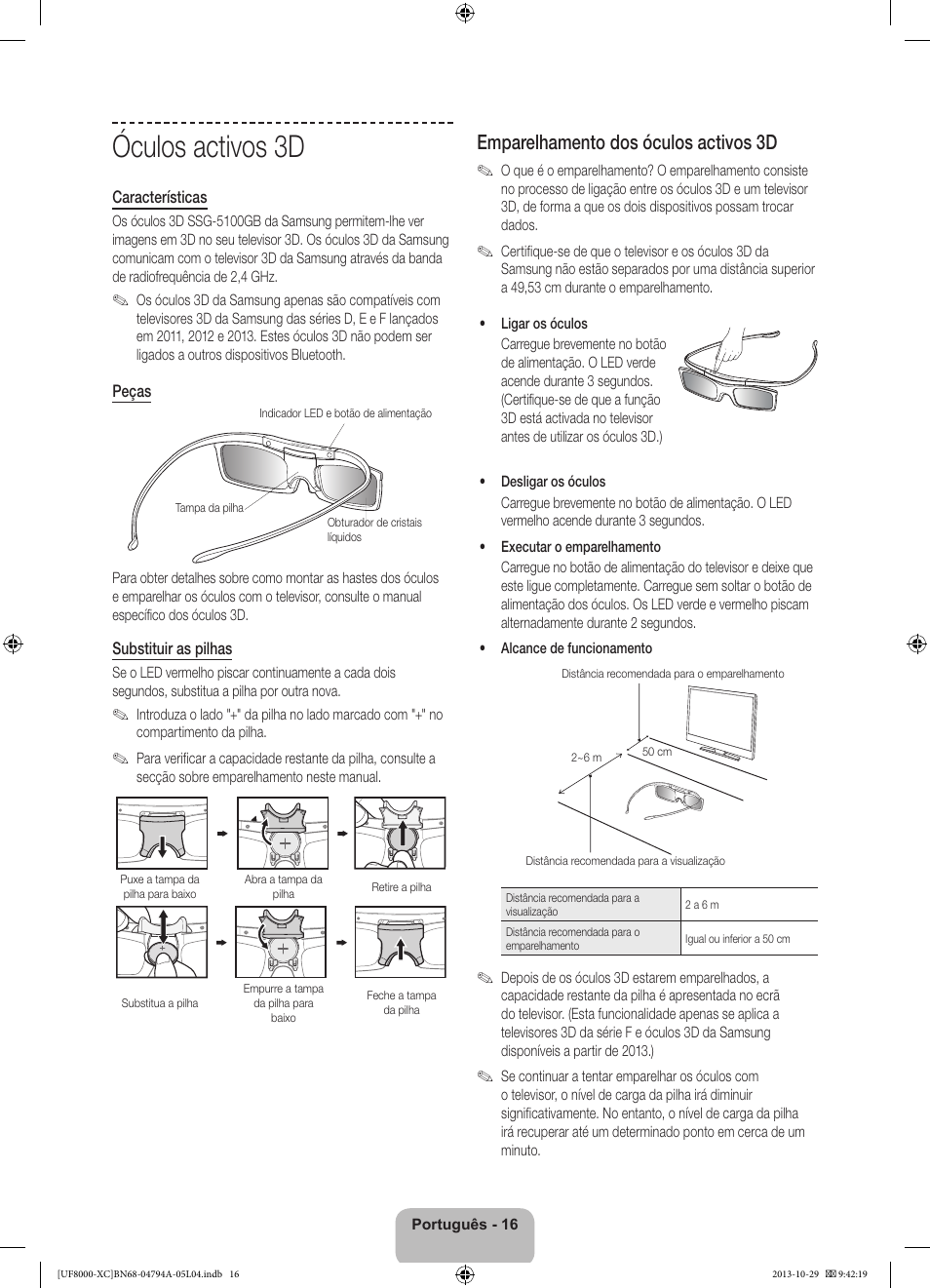 Óculos activos 3d, Emparelhamento dos óculos activos 3d | Samsung UE55F8000SL User Manual | Page 88 / 97