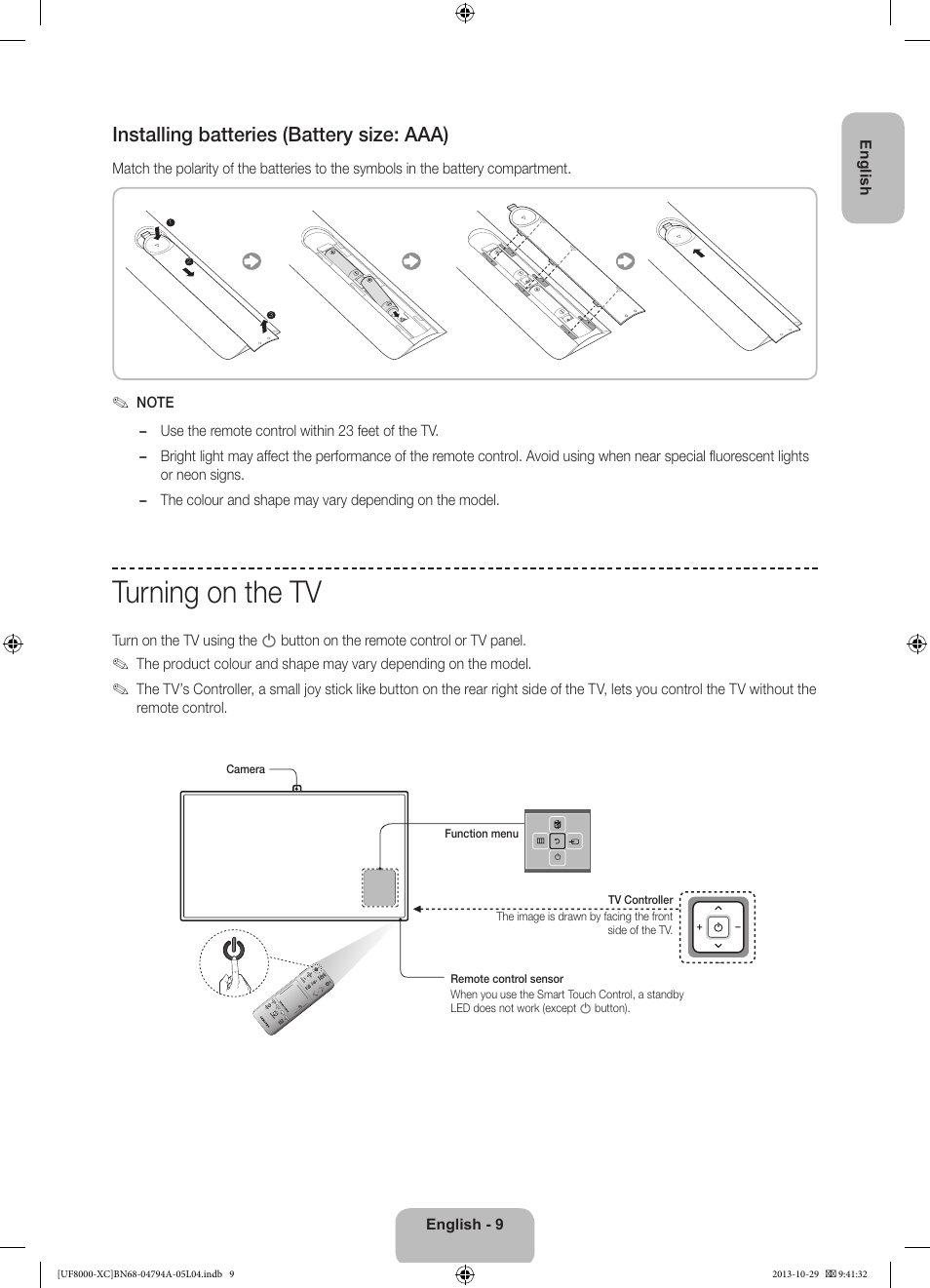 Turning on the tv, Installing batteries (battery size: aaa) | Samsung UE55F8000SL User Manual | Page 9 / 97