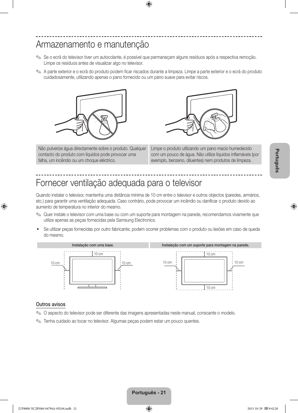 Armazenamento e manutenção, Fornecer ventilação adequada para o televisor | Samsung UE55F8000SL User Manual | Page 93 / 97