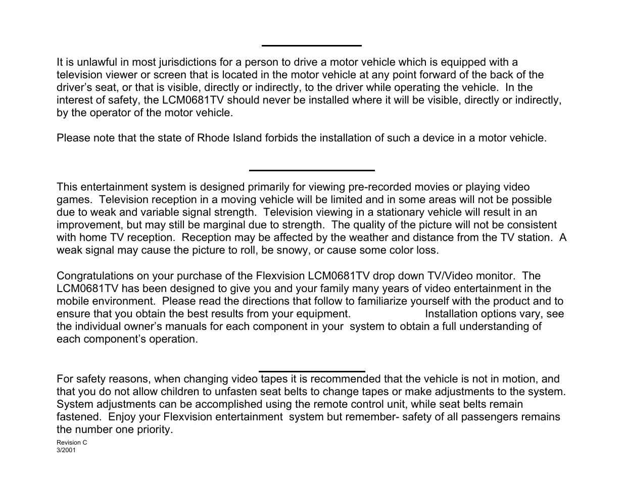 Important notice, Television reception, Safety precaution | Audiovox LCM0681TV User Manual | Page 2 / 20