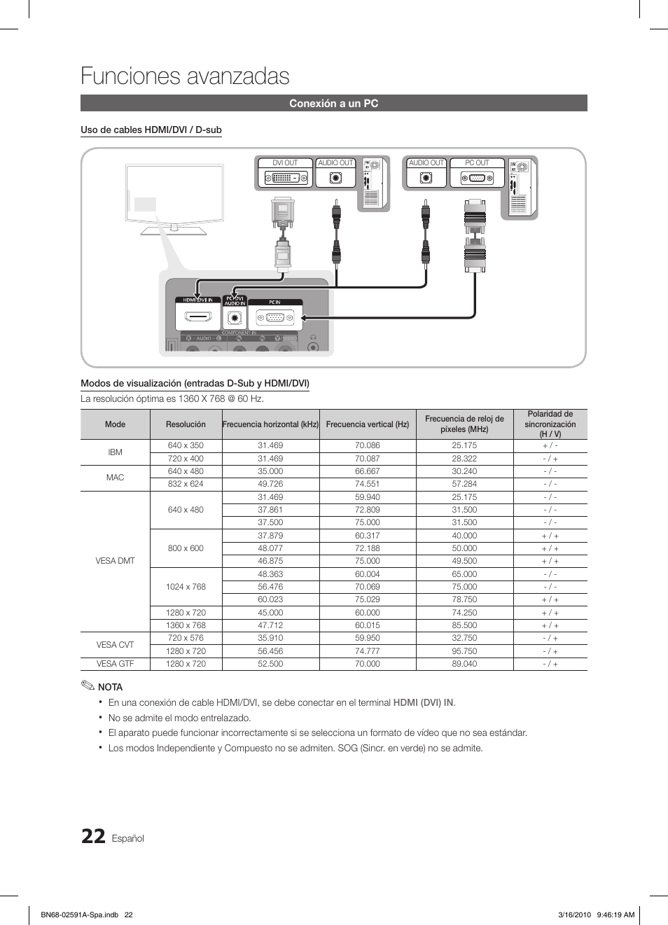 Funciones avanzadas, Conexión a un pc | Samsung LE19C451E2W User Manual | Page 100 / 236