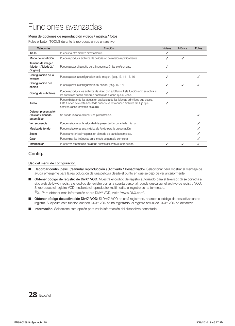Funciones avanzadas, Config | Samsung LE19C451E2W User Manual | Page 106 / 236
