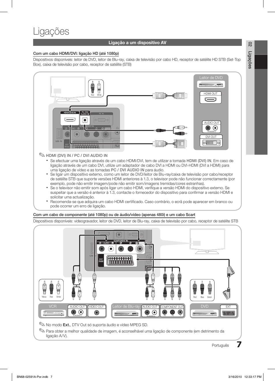 Ligações, 02 ligações ligação a um dispositivo av, Português | Ligação a/v), Leitor de blu-ray dvd vcr, Leitor de dvd | Samsung LE19C451E2W User Manual | Page 124 / 236