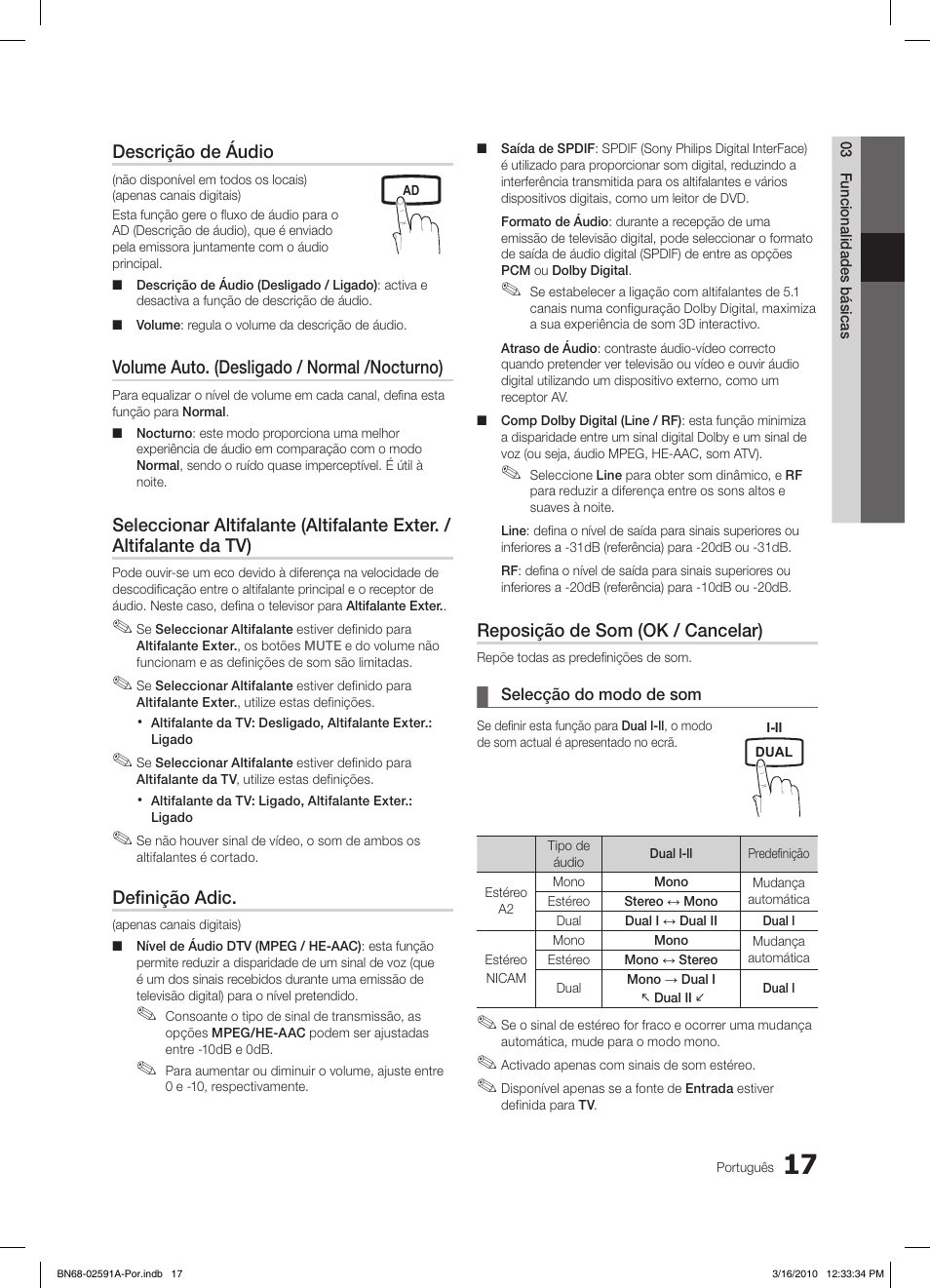 Descrição de áudio, Volume auto. (desligado / normal /nocturno), Definição adic | Reposição de som (ok / cancelar) | Samsung LE19C451E2W User Manual | Page 134 / 236
