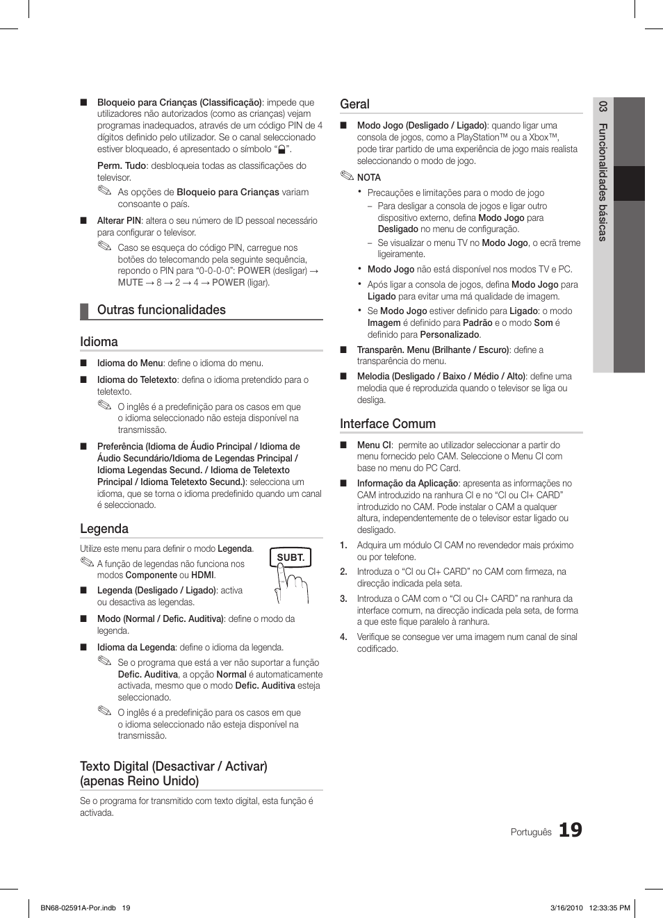 Outras funcionalidades ¦ idioma, Legenda, Geral | Interface comum | Samsung LE19C451E2W User Manual | Page 136 / 236