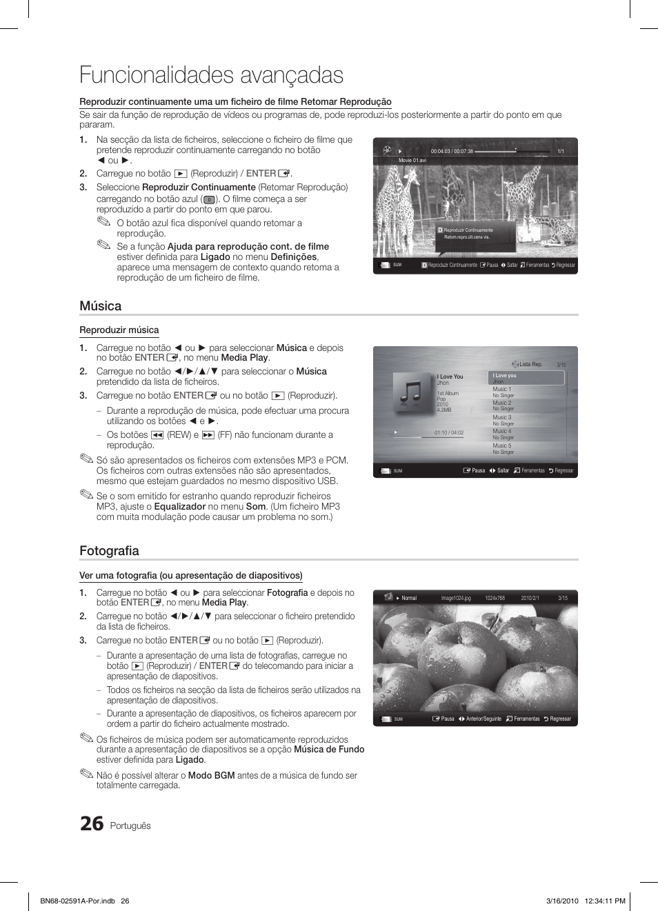 Funcionalidades avançadas, Música, Fotografia | Samsung LE19C451E2W User Manual | Page 143 / 236