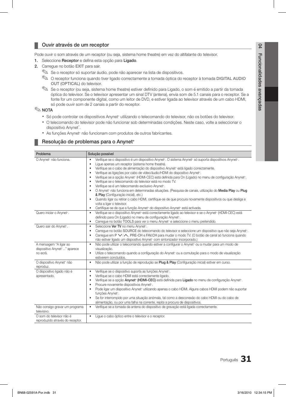 Ouvir através de um receptor, Resolução de problemas para o anynet | Samsung LE19C451E2W User Manual | Page 148 / 236