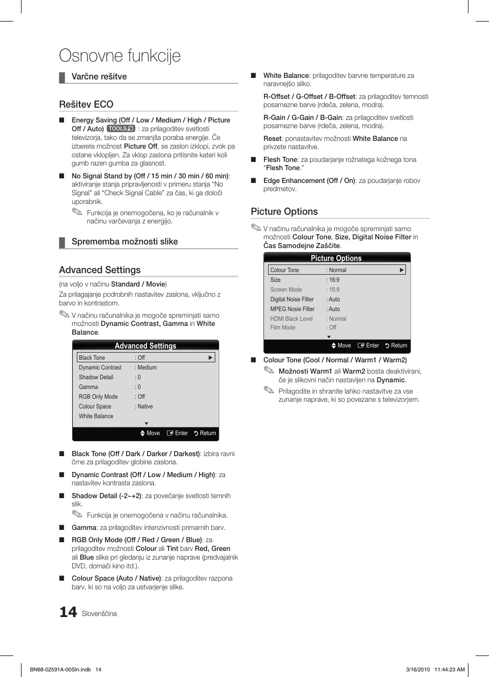 Osnovne funkcije, Rešitev eco, Advanced settings | Picture options | Samsung LE19C451E2W User Manual | Page 170 / 236
