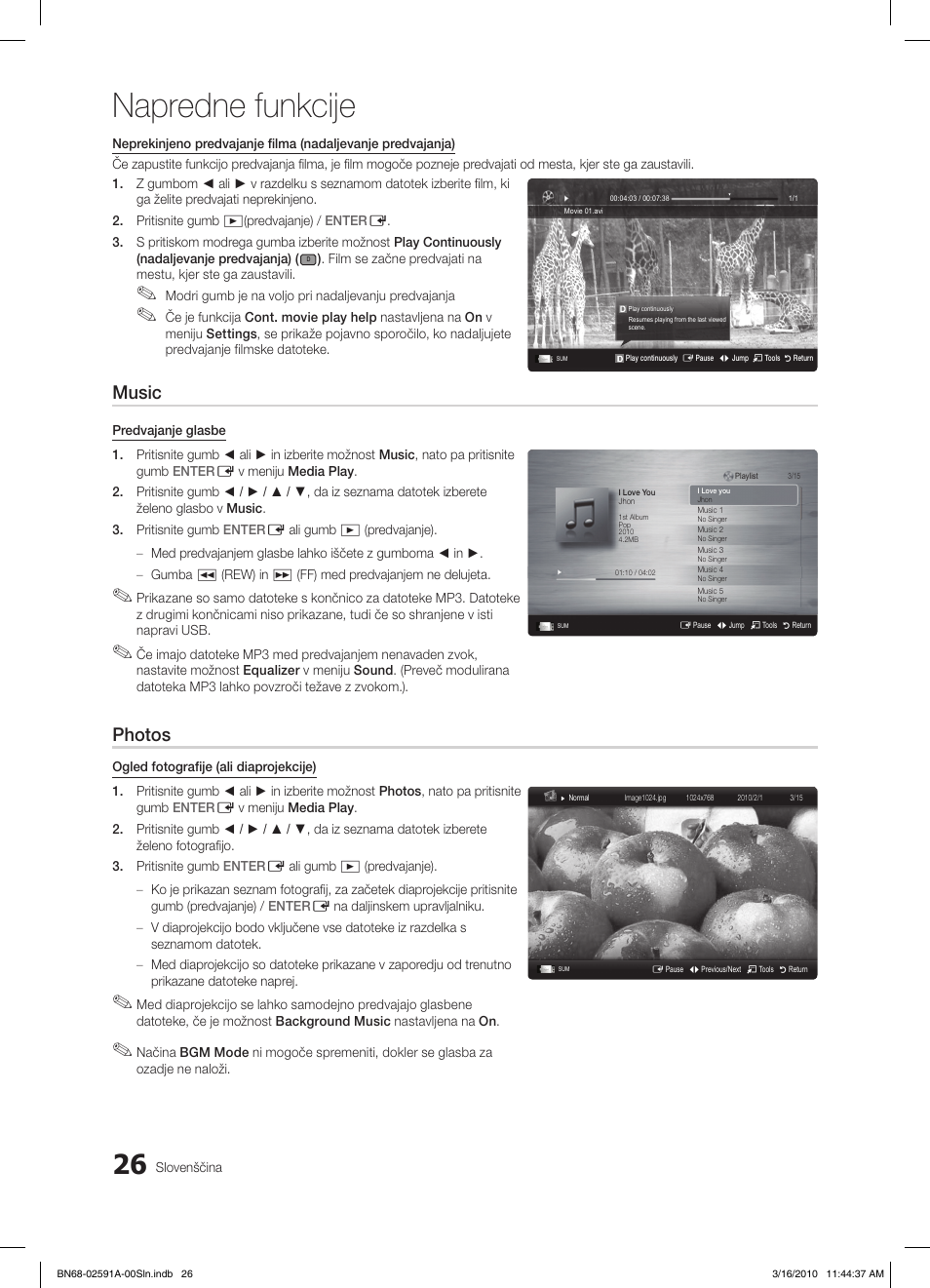 Napredne funkcije, Music, Photos | Samsung LE19C451E2W User Manual | Page 182 / 236