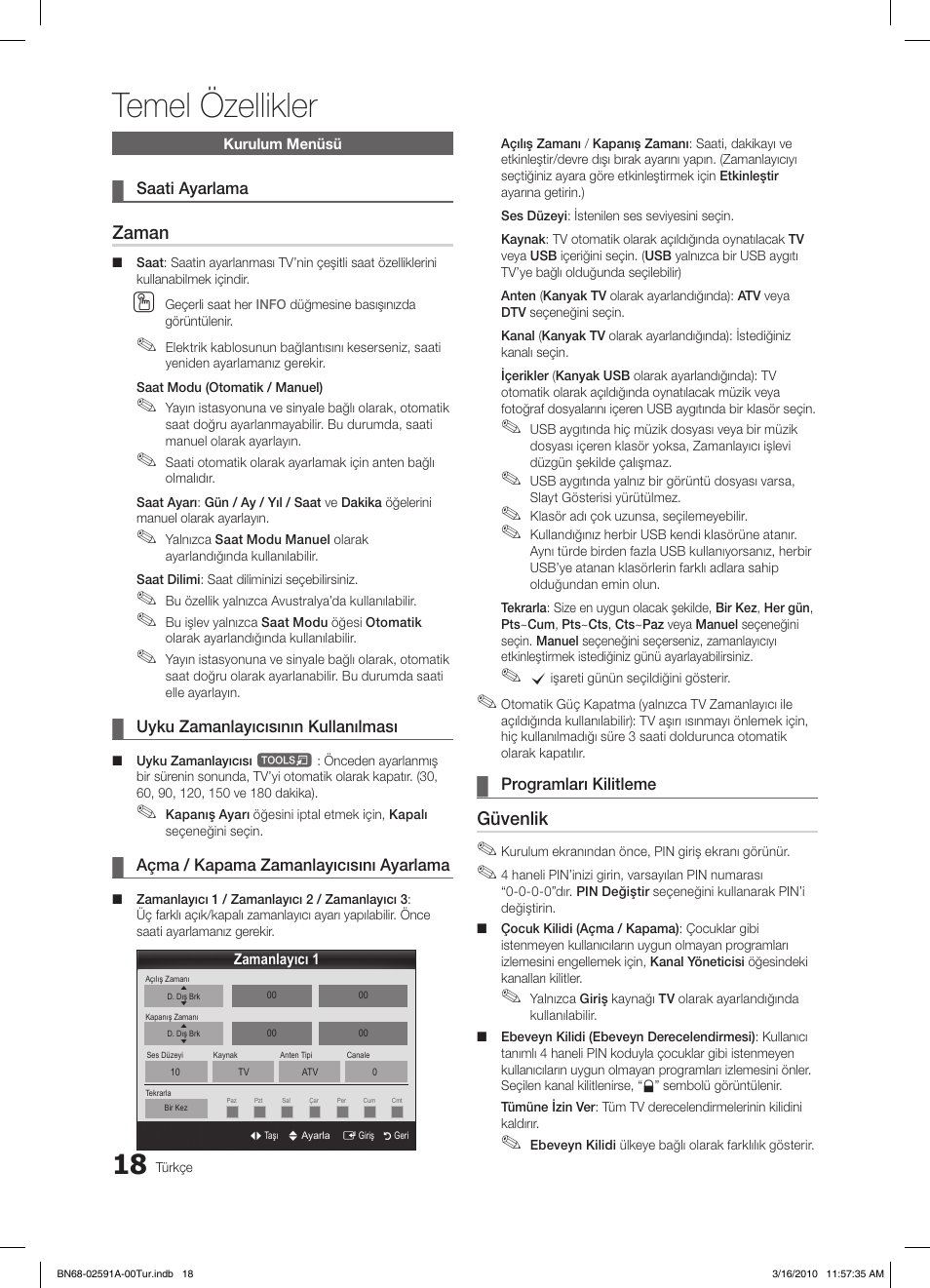 Temel özellikler, Zaman, Güvenlik | Samsung LE19C451E2W User Manual | Page 213 / 236