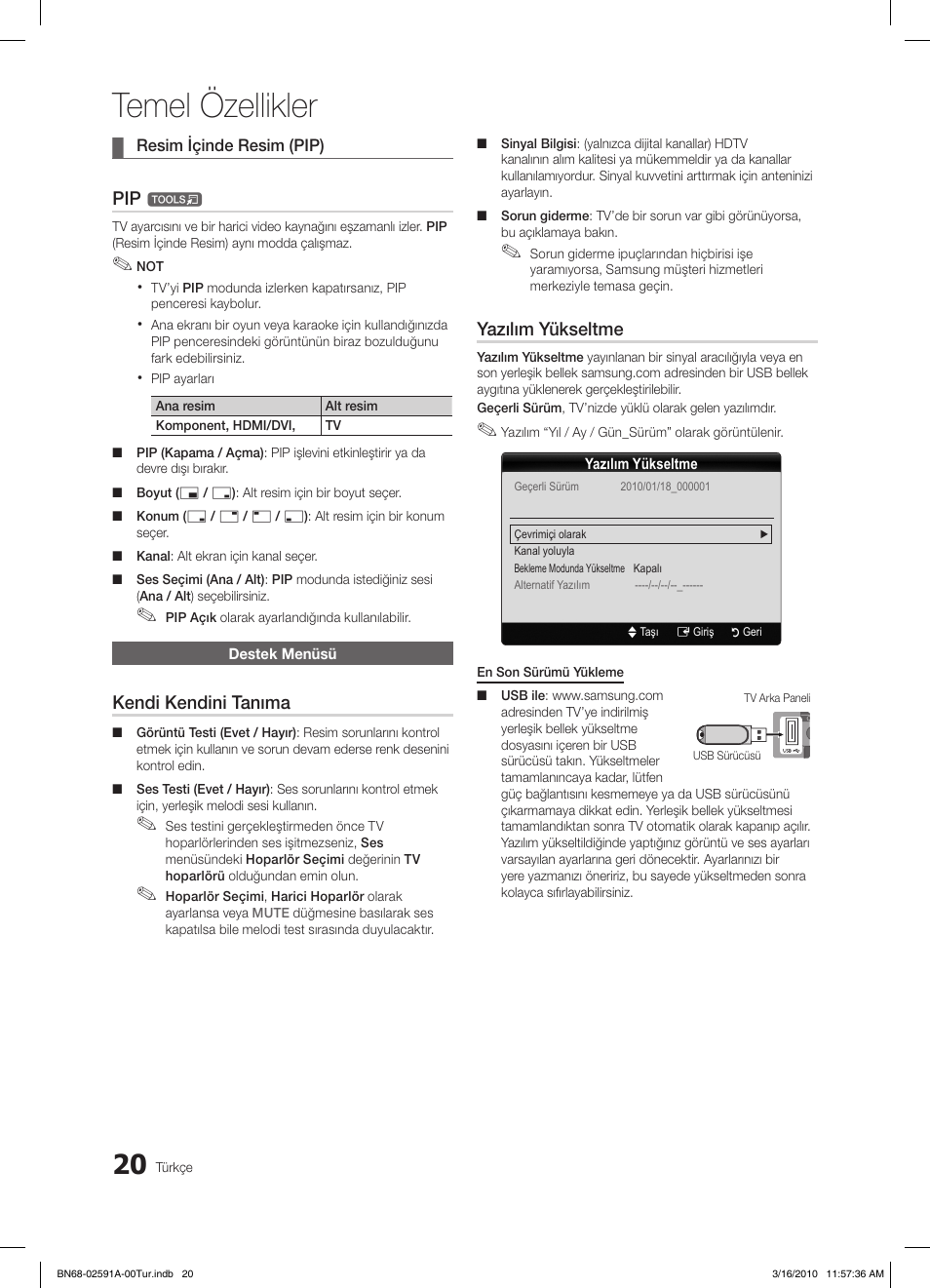 Temel özellikler, Kendi kendini tanıma, Yazılım yükseltme | Samsung LE19C451E2W User Manual | Page 215 / 236