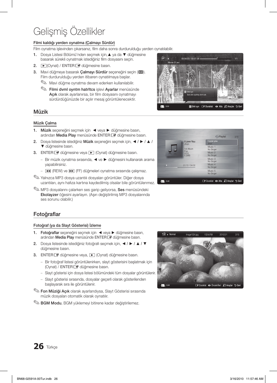 Gelişmiş özellikler, Müzik, Fotoğraflar | Samsung LE19C451E2W User Manual | Page 221 / 236