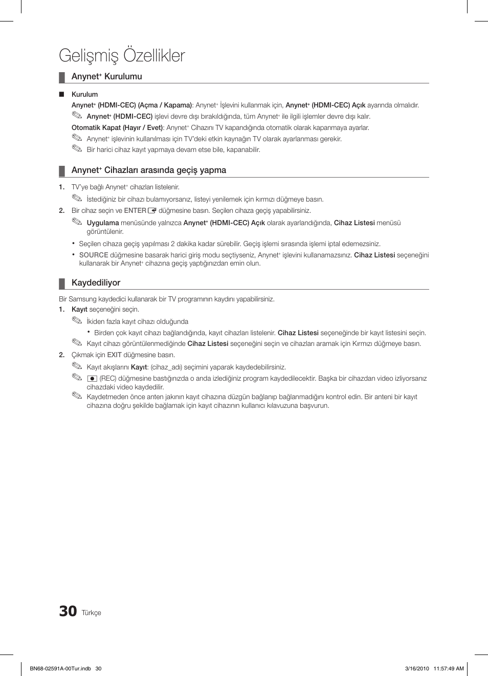 Gelişmiş özellikler | Samsung LE19C451E2W User Manual | Page 225 / 236