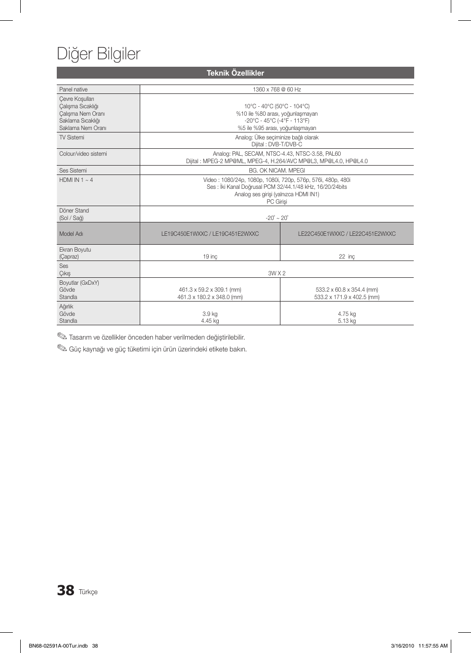 Diğer bilgiler | Samsung LE19C451E2W User Manual | Page 233 / 236