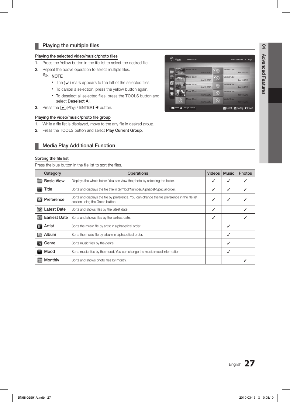 Playing the multiple files, Media play additional function | Samsung LE19C451E2W User Manual | Page 27 / 236