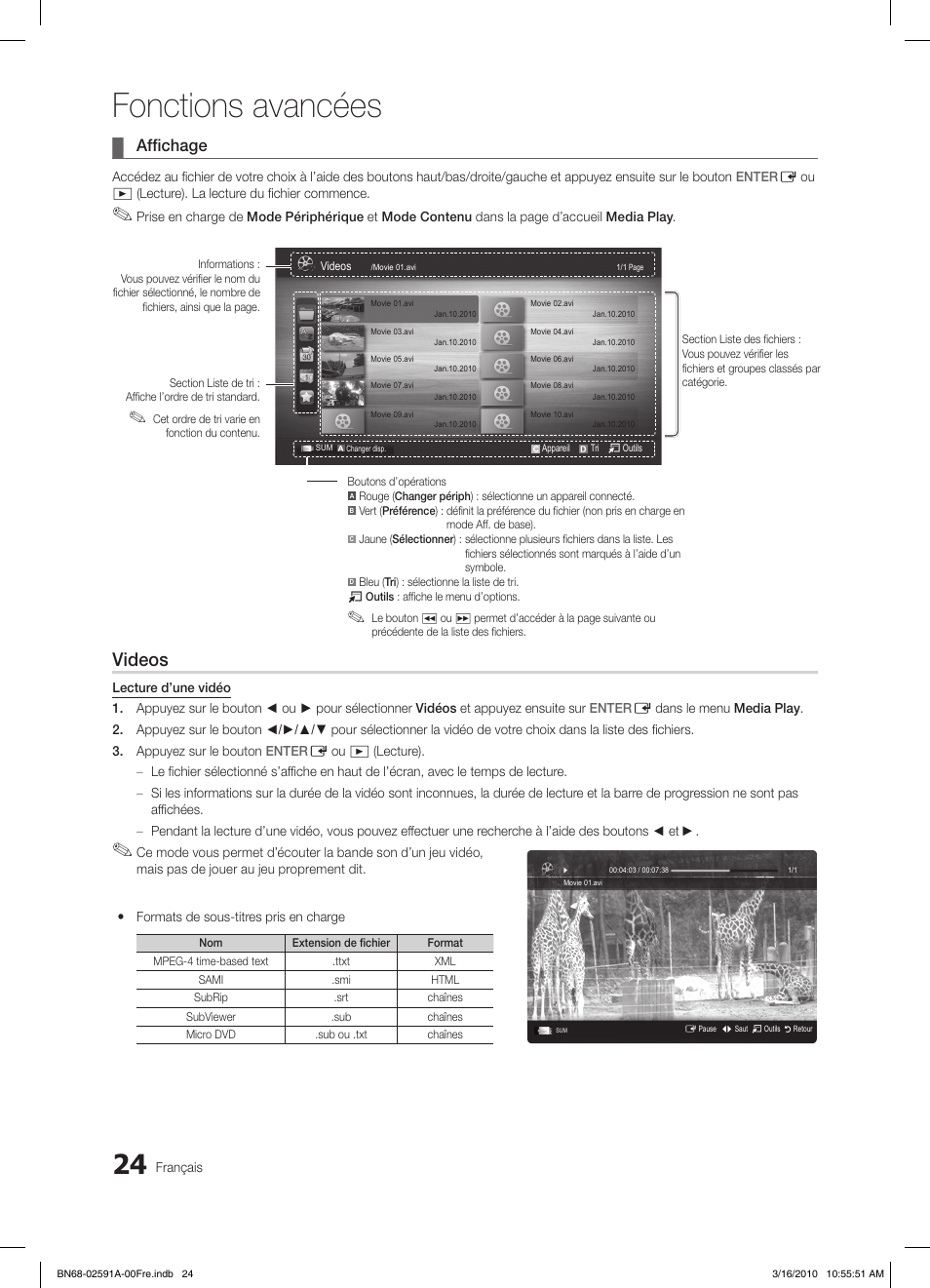 Fonctions avancées, Videos, Affichage | Samsung LE19C451E2W User Manual | Page 63 / 236