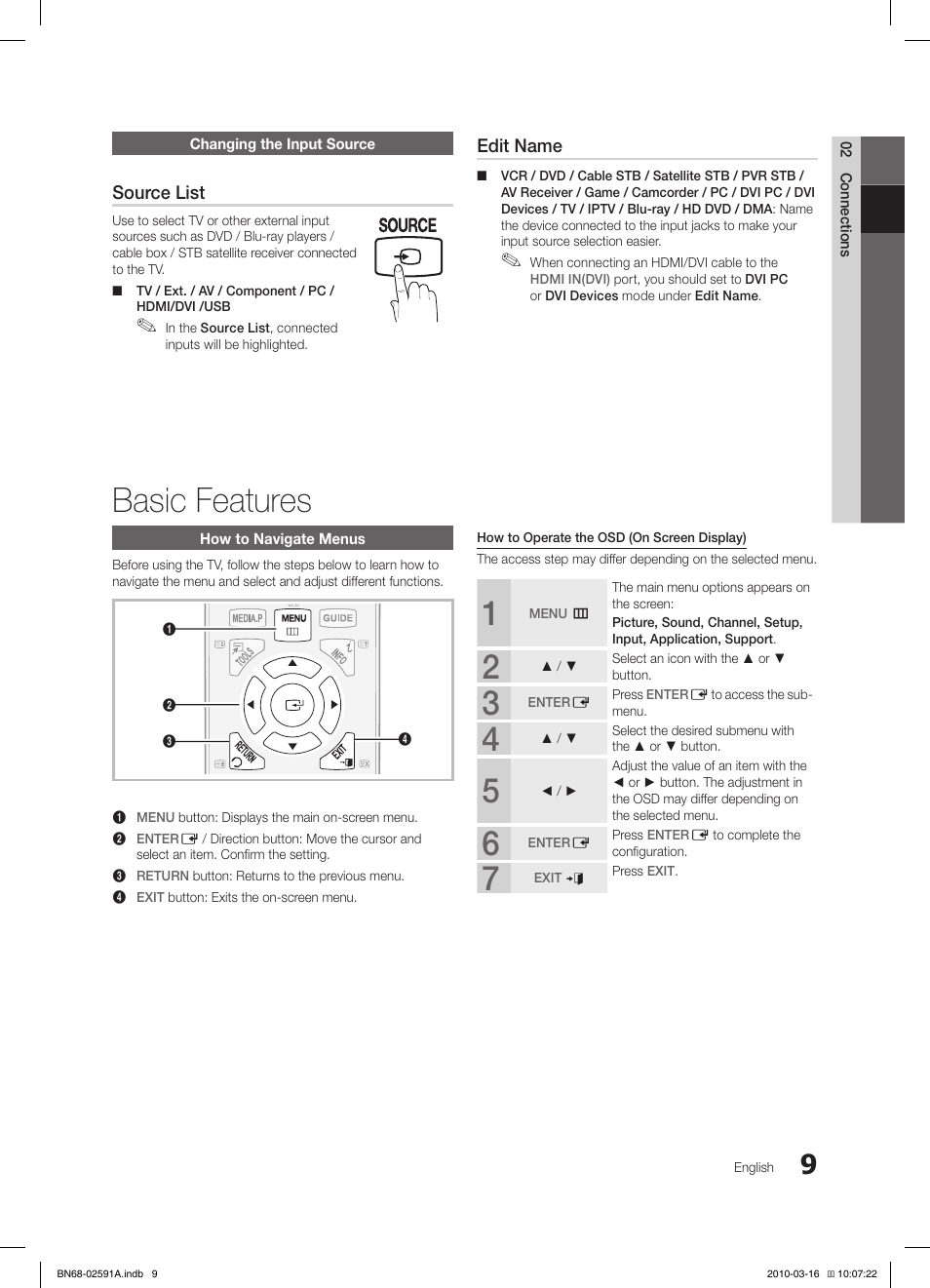 Basic features, Source list, Edit name | Samsung LE19C451E2W User Manual | Page 9 / 236
