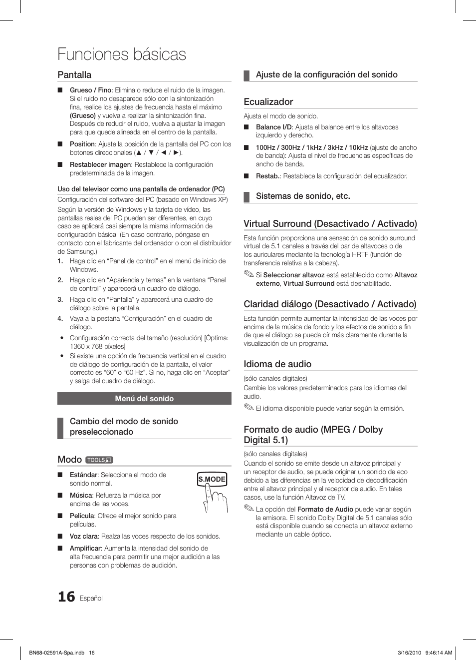 Funciones básicas, Pantalla, Modo | Ecualizador, Virtual surround (desactivado / activado), Claridad diálogo (desactivado / activado), Idioma de audio, Formato de audio (mpeg / dolby digital 5.1) | Samsung LE19C451E2W User Manual | Page 94 / 236