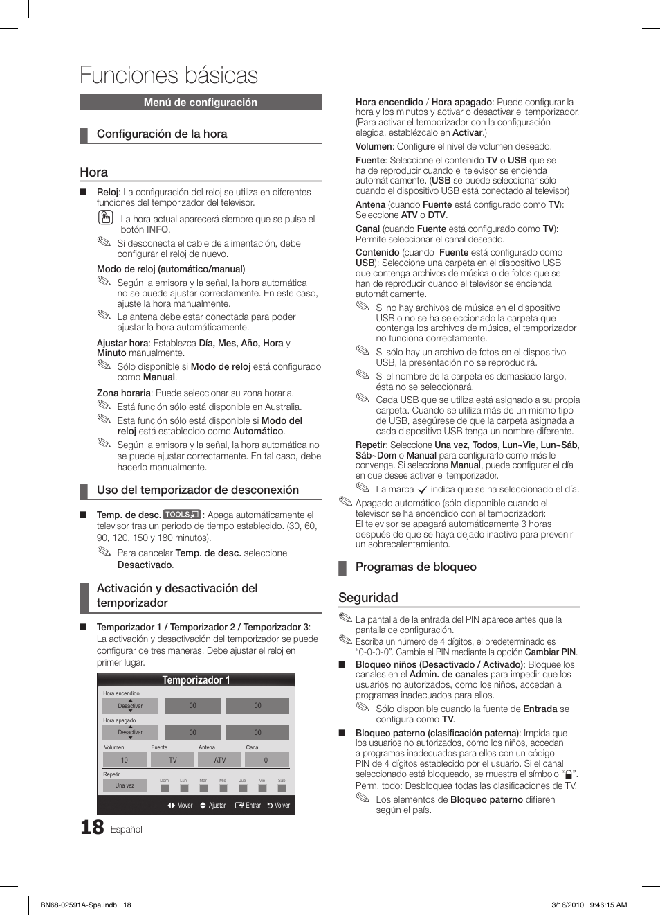 Funciones básicas, Hora, Seguridad | Samsung LE19C451E2W User Manual | Page 96 / 236