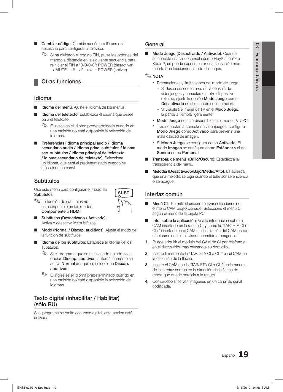 Otras funciones ¦ idioma, Subtítulos, Texto digital (inhabilitar / habilitar) (sólo ru) | General, Interfaz común | Samsung LE19C451E2W User Manual | Page 97 / 236