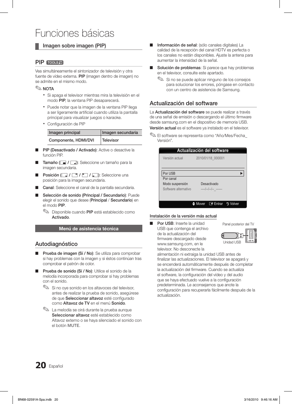 Funciones básicas, Autodiagnóstico, Actualización del software | Samsung LE19C451E2W User Manual | Page 98 / 236