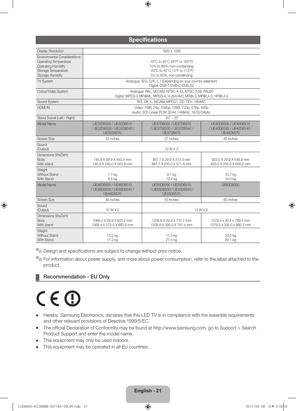 Specifications, Recommendation - eu only | Samsung UE32D6510WS User Manual | Page 21 / 82