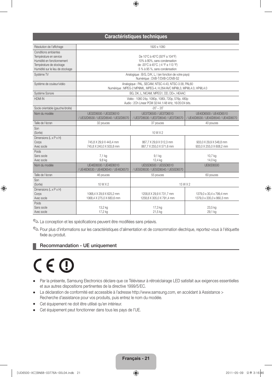 Caractéristiques techniques, Recommandation - ue uniquement | Samsung UE32D6510WS User Manual | Page 41 / 82