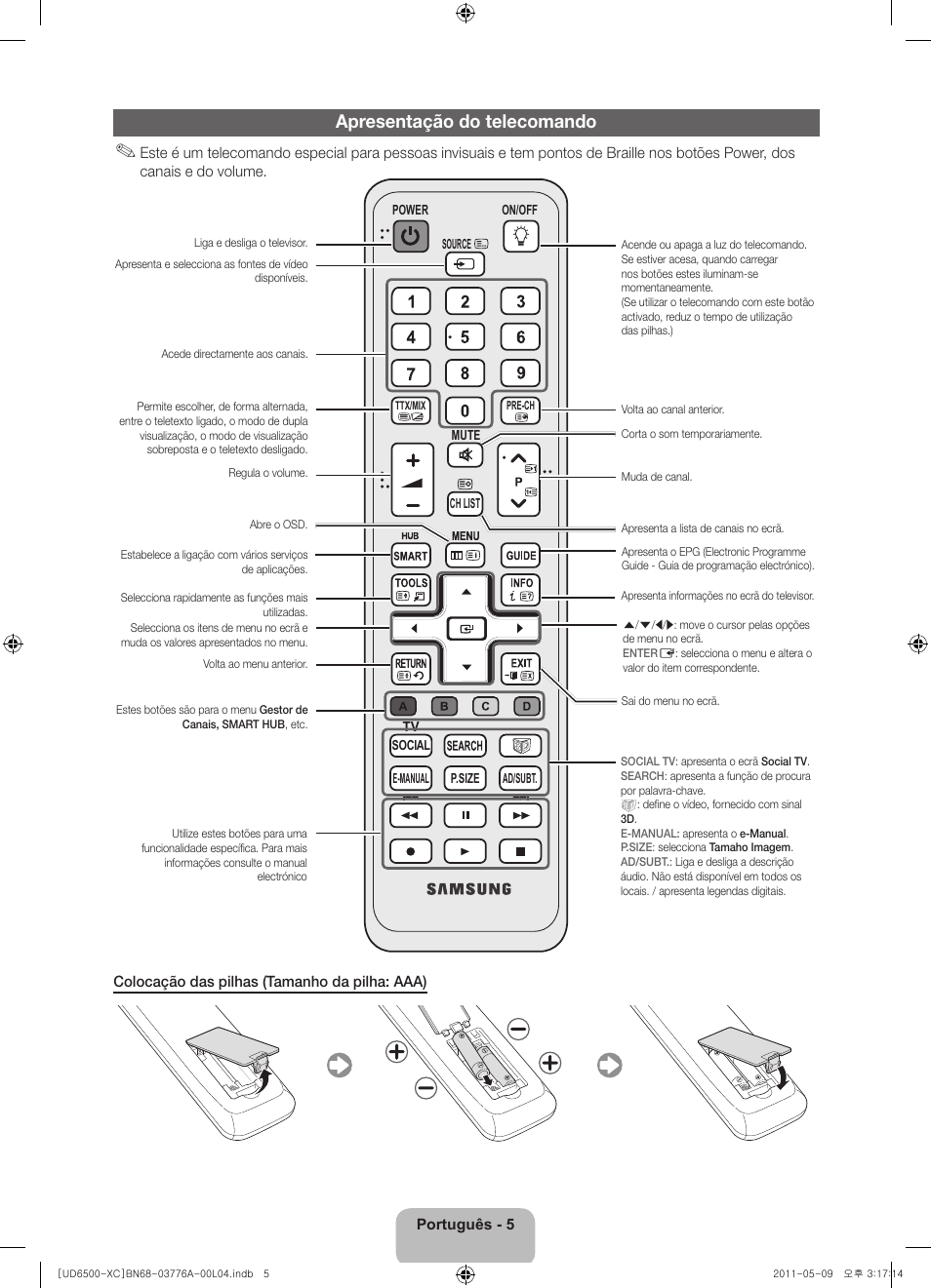 Apresentação do telecomando | Samsung UE32D6510WS User Manual | Page 65 / 82