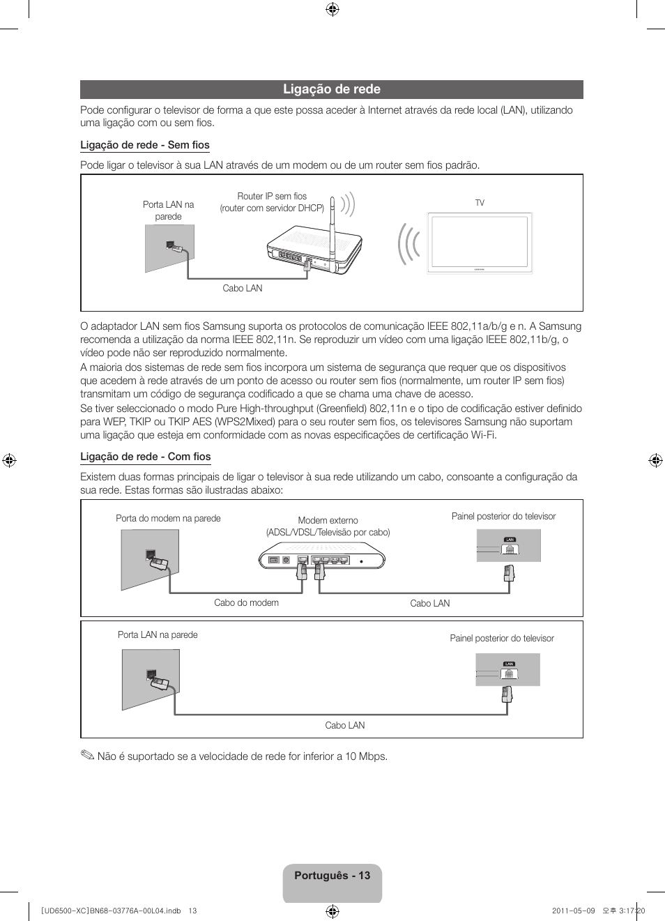 Ligação de rede | Samsung UE32D6510WS User Manual | Page 73 / 82