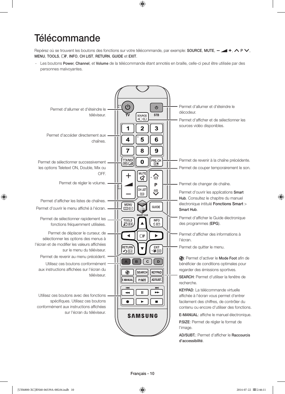 Télécommande | Samsung UE48H6800AW User Manual | Page 30 / 81