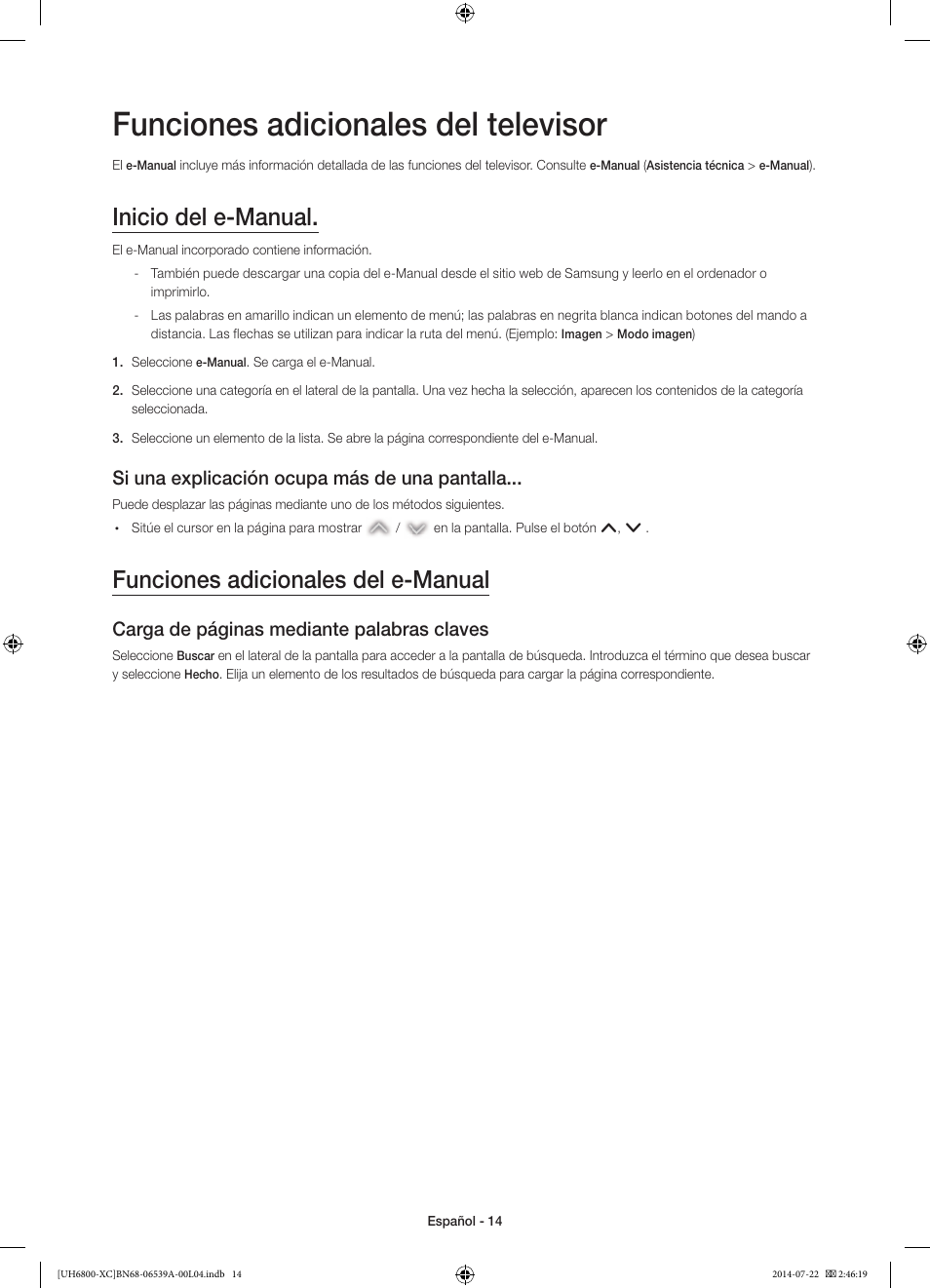 Funciones adicionales del televisor, Inicio del e-manual, Funciones adicionales del e-manual | Si una explicación ocupa más de una pantalla, Carga de páginas mediante palabras claves | Samsung UE48H6800AW User Manual | Page 54 / 81