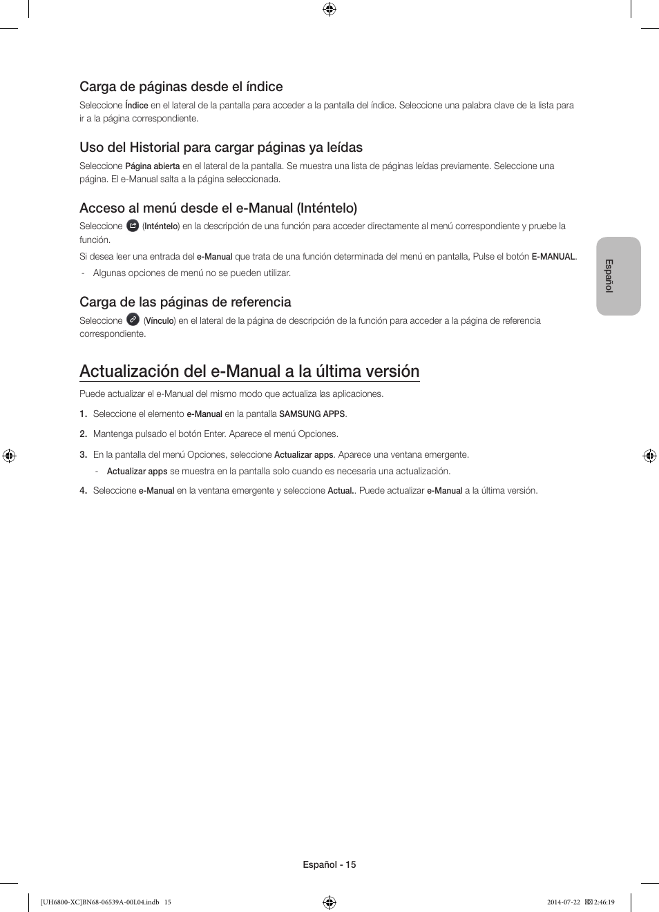 Actualización del e-manual a la última versión, Carga de páginas desde el índice, Uso del historial para cargar páginas ya leídas | Acceso al menú desde el e-manual (inténtelo), Carga de las páginas de referencia | Samsung UE48H6800AW User Manual | Page 55 / 81