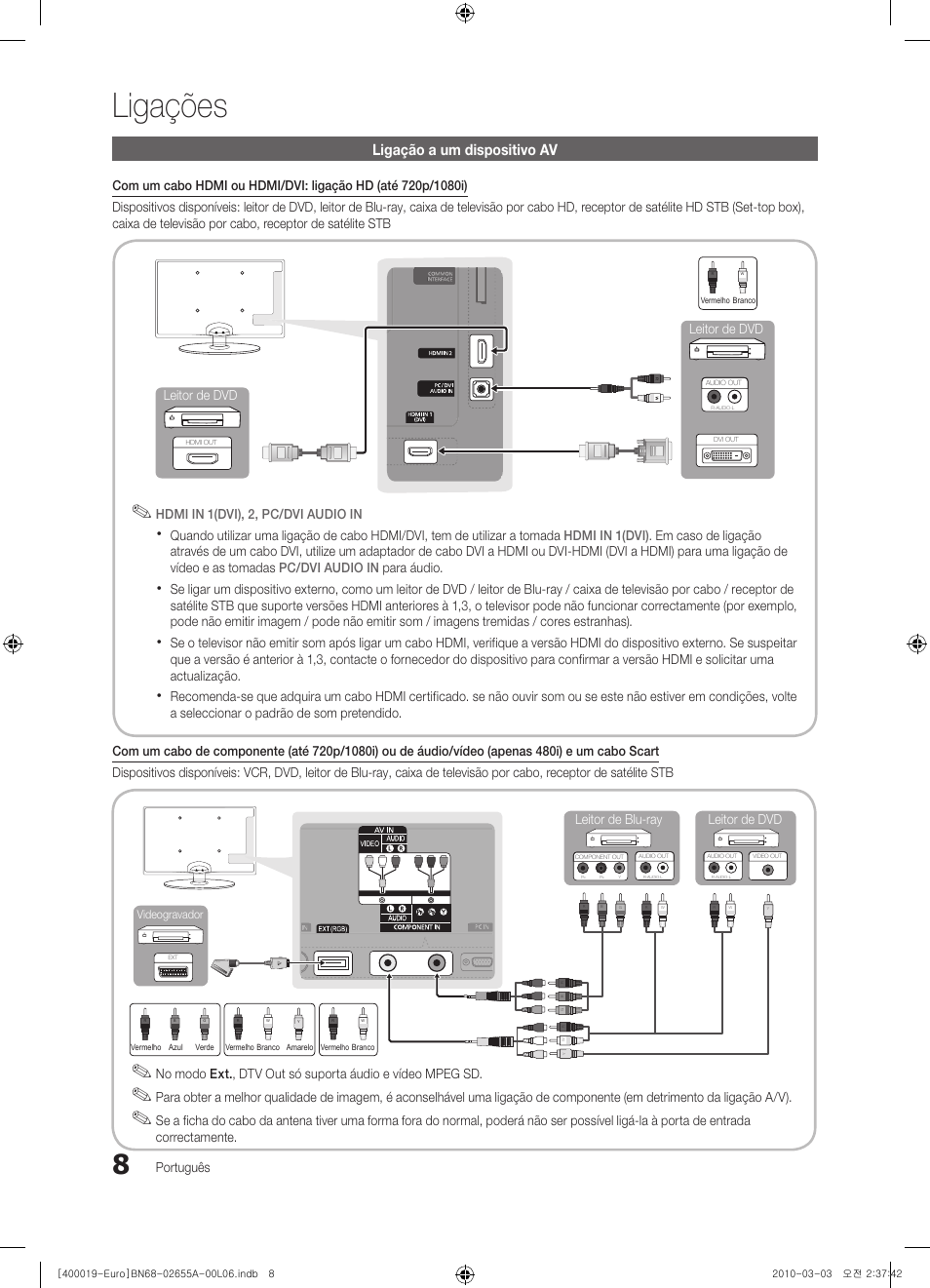 Ligações, Ligação a um dispositivo av | Samsung UE22C4000PW User Manual | Page 134 / 253