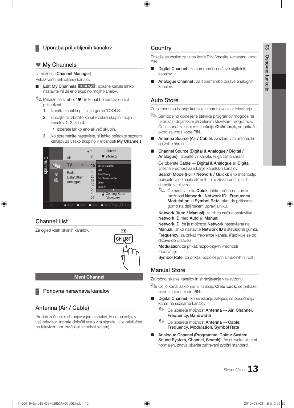 My channels, Channel list, Antenna (air / cable) | Country, Auto store, Manual store | Samsung UE22C4000PW User Manual | Page 181 / 253