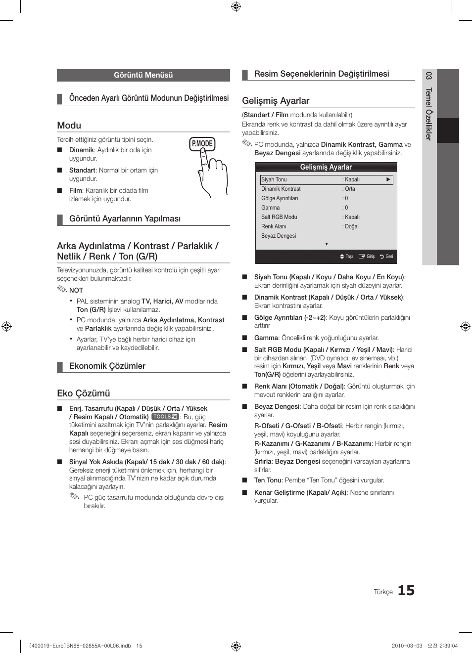 Modu, Eko çözümü, Gelişmiş ayarlar | Samsung UE22C4000PW User Manual | Page 225 / 253