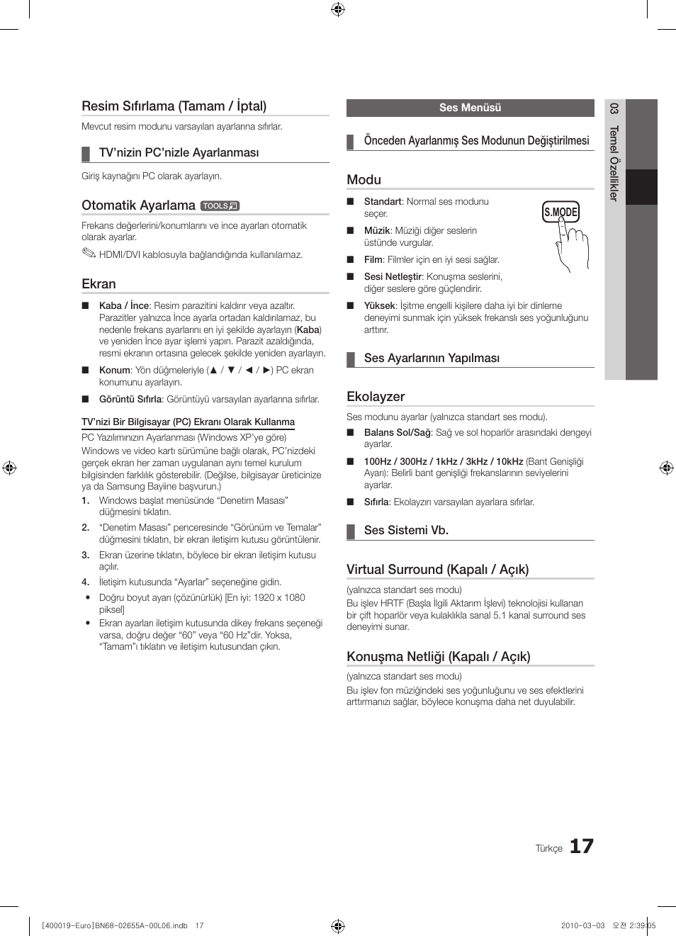 Resim sıfırlama (tamam / iptal), Otomatik ayarlama, Ekran | Modu, Ekolayzer, Virtual surround (kapalı / açık), Konuşma netliği (kapalı / açık) | Samsung UE22C4000PW User Manual | Page 227 / 253