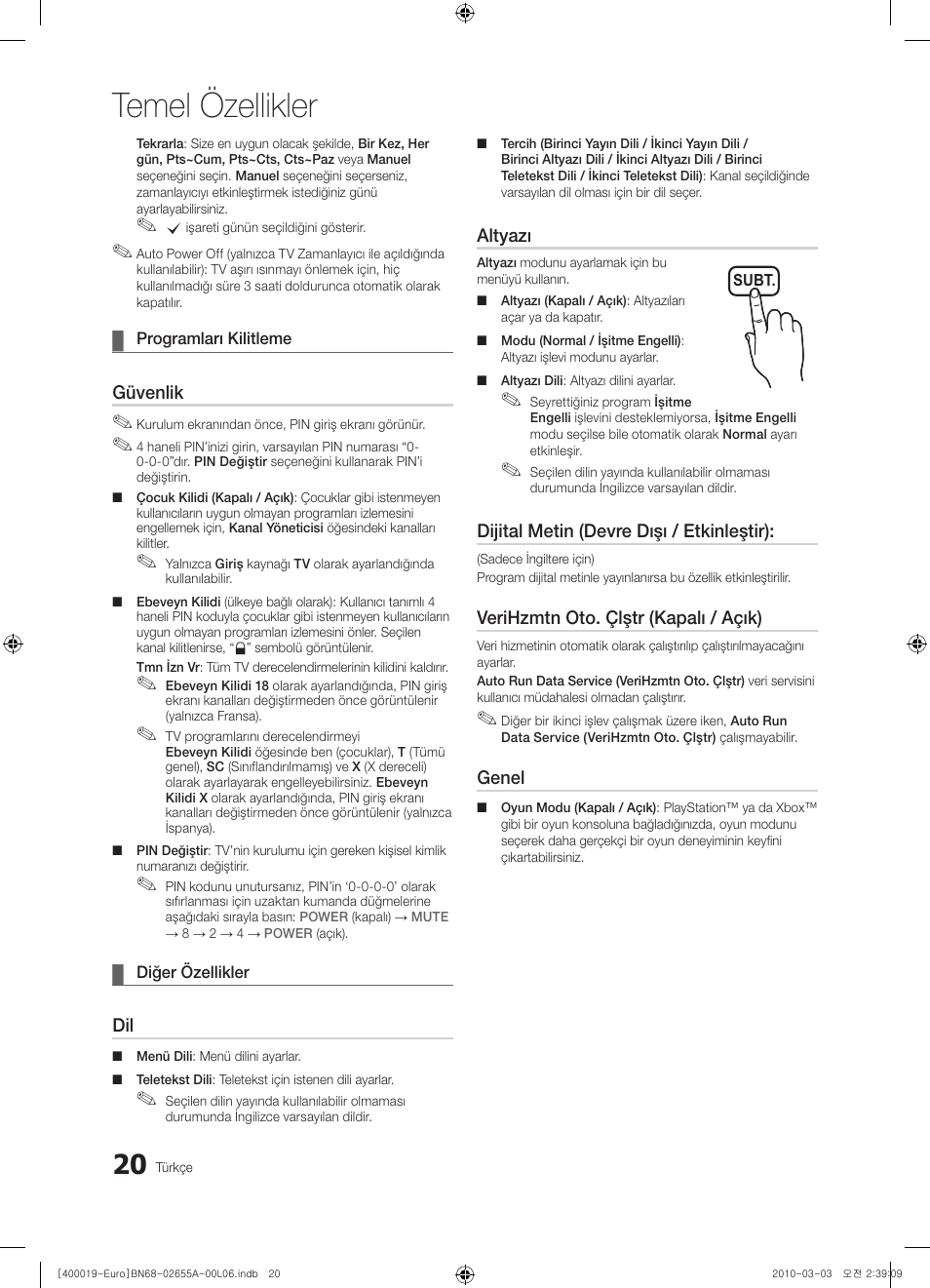 Temel özellikler | Samsung UE22C4000PW User Manual | Page 230 / 253