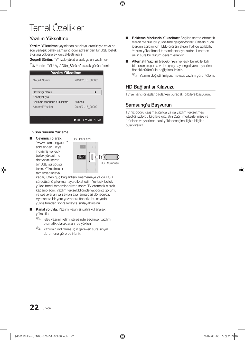 Temel özellikler, Yazılım yükseltme, Hd bağlantısı kılavuzu | Samsung’a başvurun | Samsung UE22C4000PW User Manual | Page 232 / 253