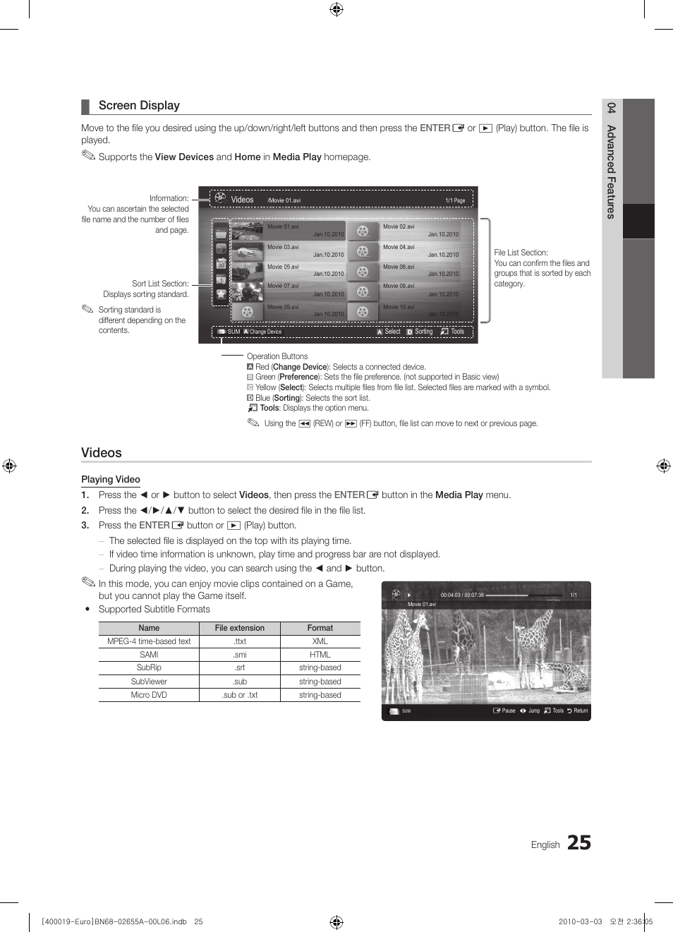 Videos, Screen display | Samsung UE22C4000PW User Manual | Page 25 / 253