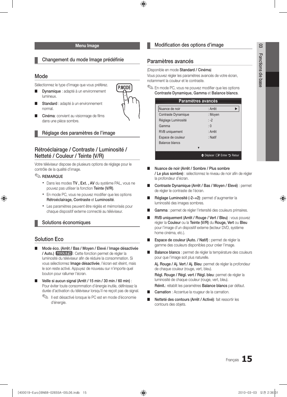 Mode, Solution eco, Paramètres avancés | Samsung UE22C4000PW User Manual | Page 57 / 253