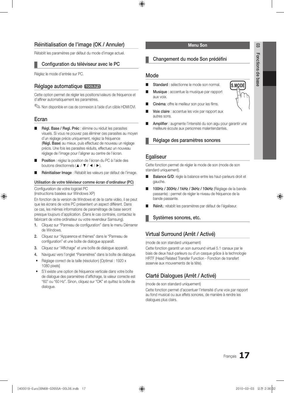 Réinitialisation de l’image (ok / annuler), Réglage automatique, Ecran | Mode, Egaliseur, Virtual surround (arrêt / activé), Clarté dialogues (arrêt / activé) | Samsung UE22C4000PW User Manual | Page 59 / 253