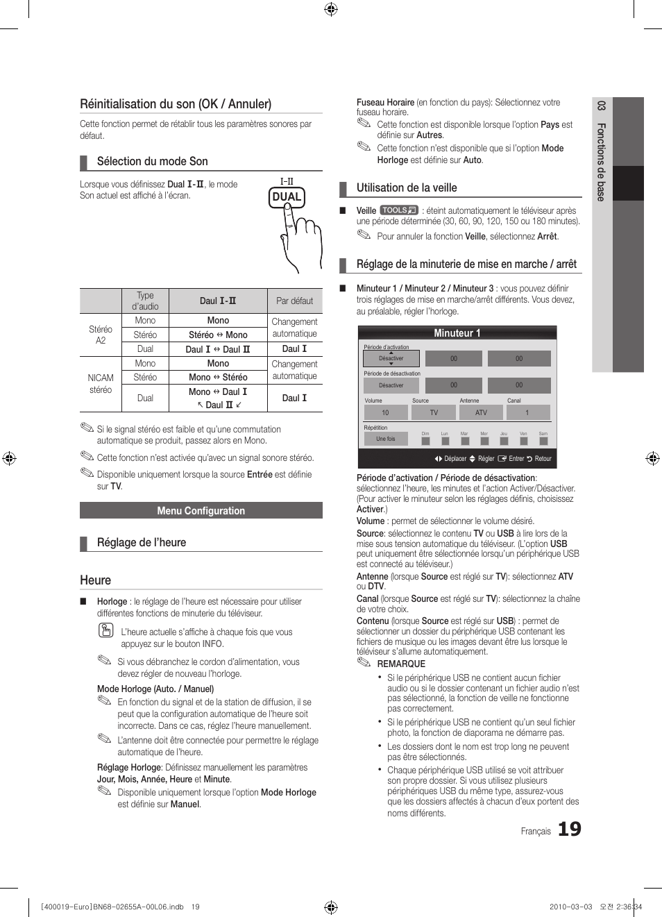 Réinitialisation du son (ok / annuler), Heure | Samsung UE22C4000PW User Manual | Page 61 / 253