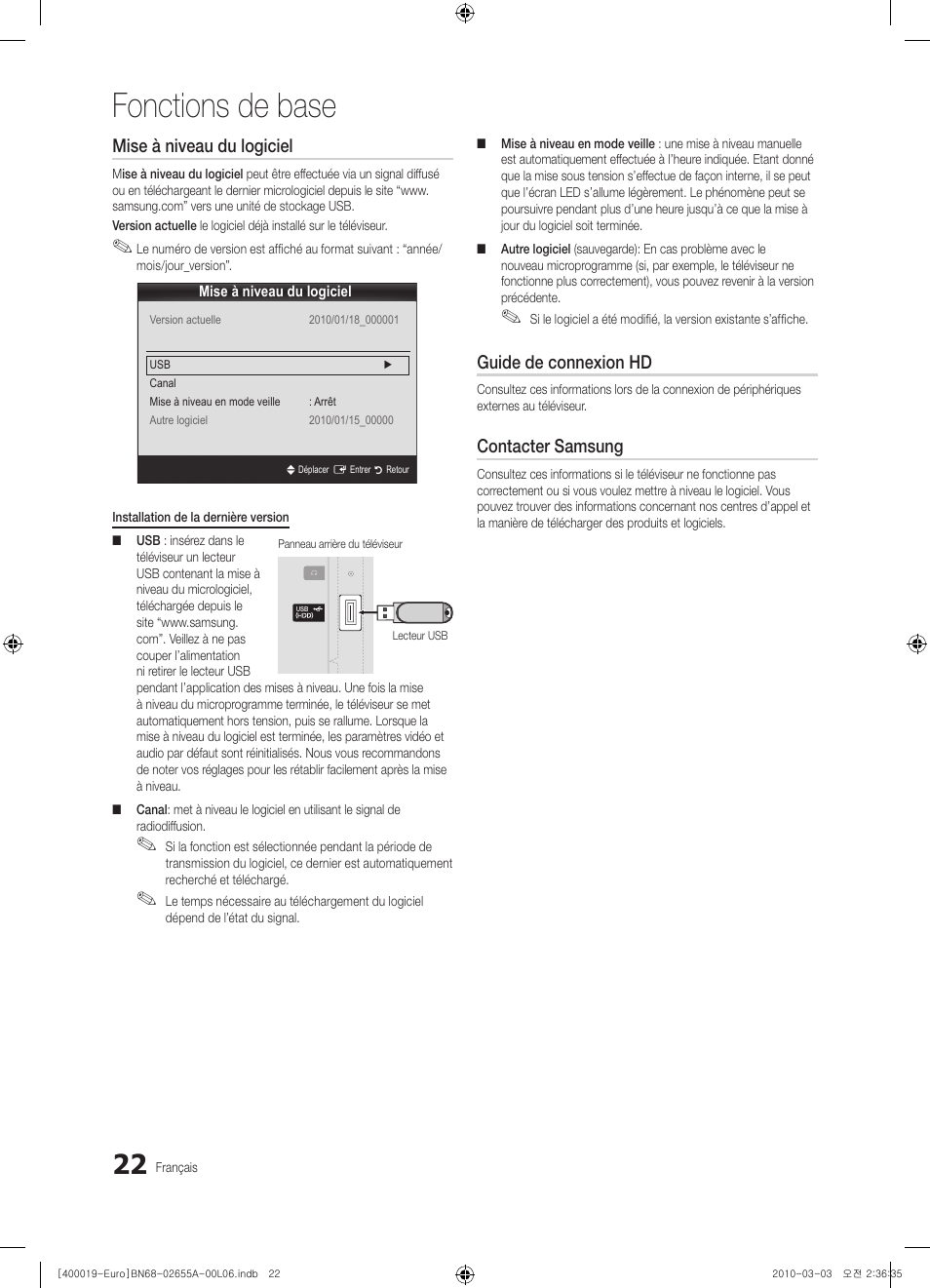 Fonctions de base, Mise à niveau du logiciel, Guide de connexion hd | Contacter samsung | Samsung UE22C4000PW User Manual | Page 64 / 253