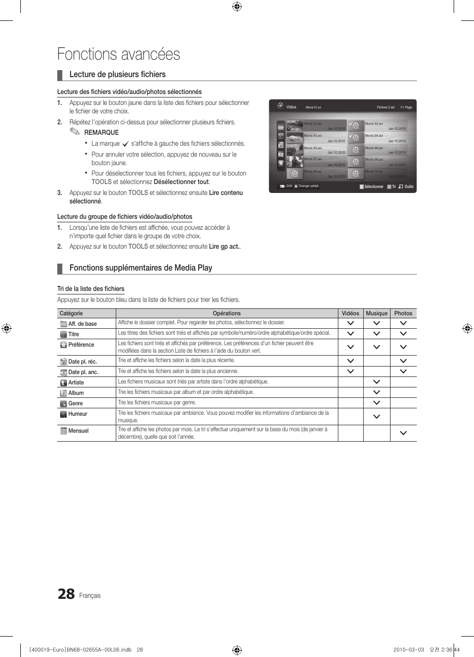 Fonctions avancées, Lecture de plusieurs fichiers, Fonctions supplémentaires de media play | Samsung UE22C4000PW User Manual | Page 70 / 253