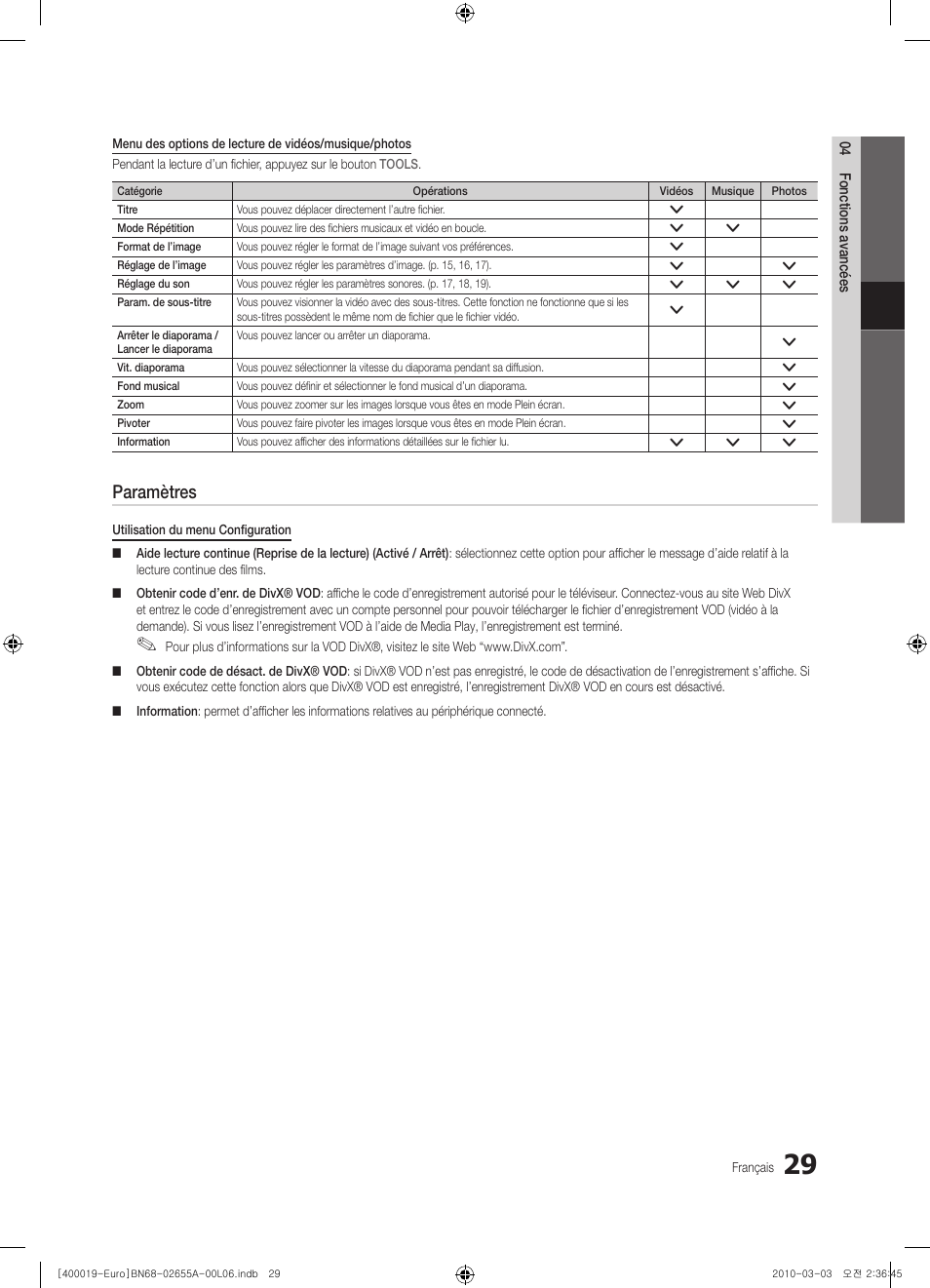 Paramètres | Samsung UE22C4000PW User Manual | Page 71 / 253