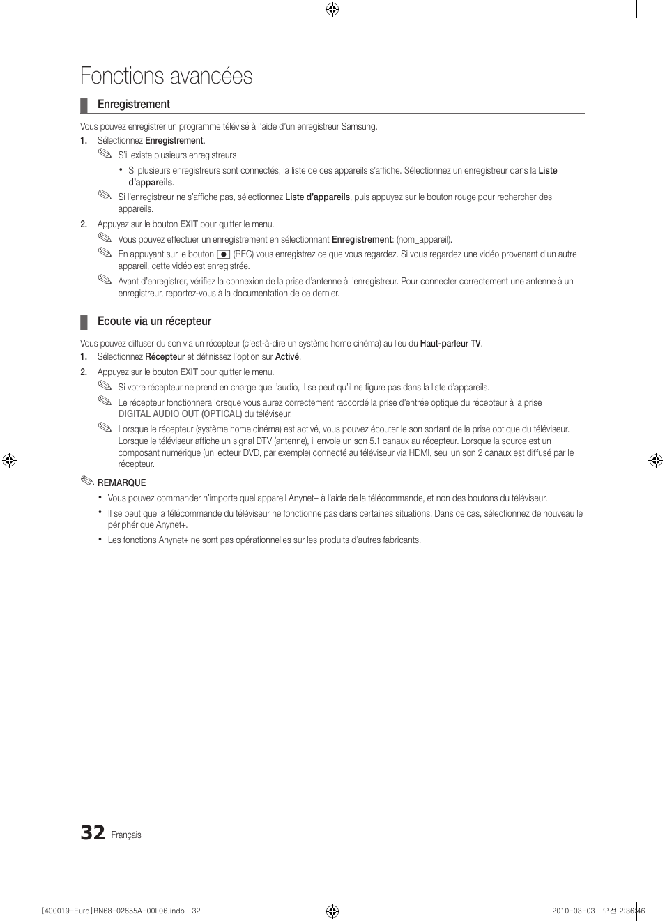 Fonctions avancées | Samsung UE22C4000PW User Manual | Page 74 / 253