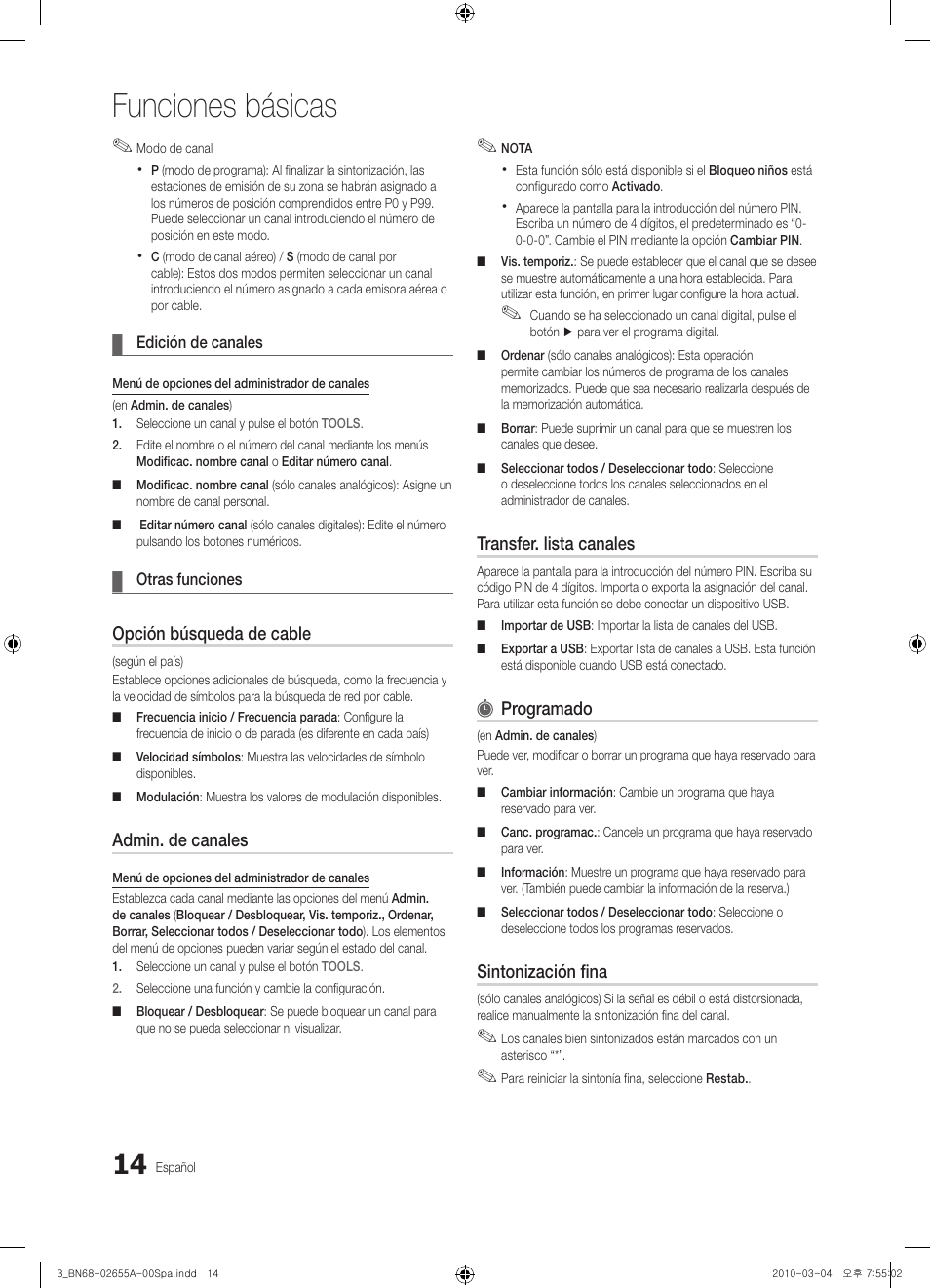 Funciones básicas, Opción búsqueda de cable, Admin. de canales | Transfer. lista canales, Programado, Sintonización fina | Samsung UE22C4000PW User Manual | Page 98 / 253