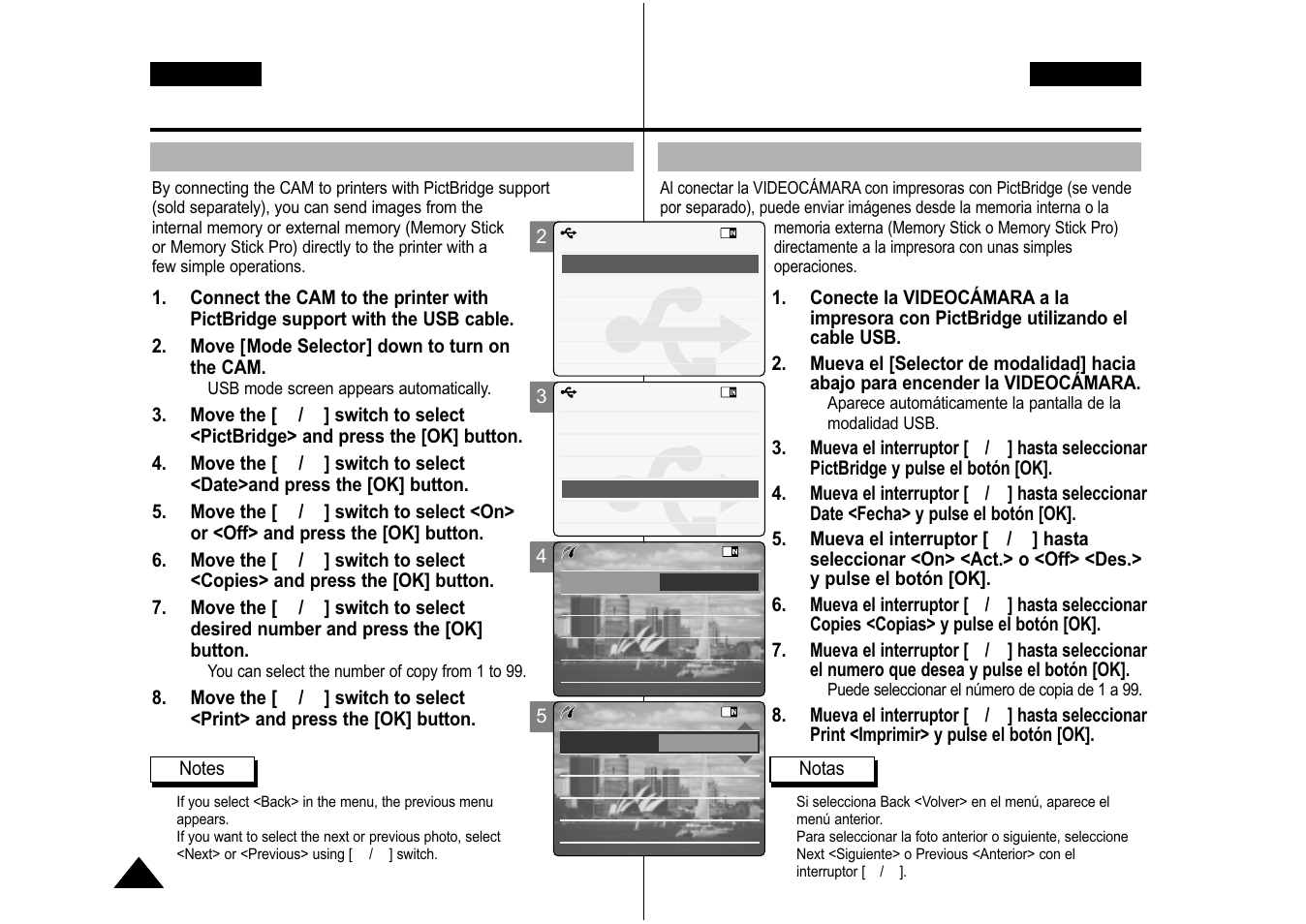 Setting the cam : using usb mode, Connecting the cam to a printer, Conexión de la videocámara a una impresora | Samsung VP-M110S User Manual | Page 105 / 129
