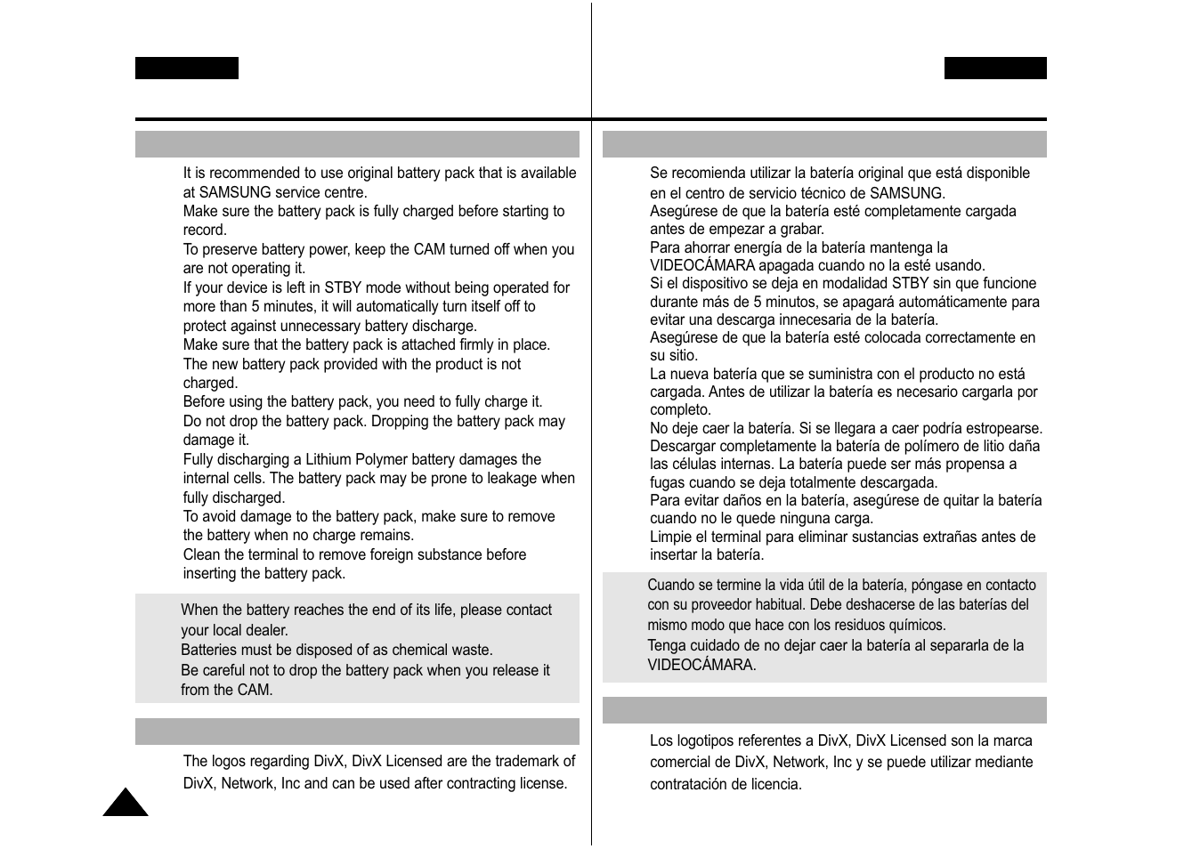 Notices and safety precautions, Avisos y precauciones de seguridad, Notas referentes a la batería | Notas referentes a la marca comercial | Samsung VP-M110S User Manual | Page 11 / 129